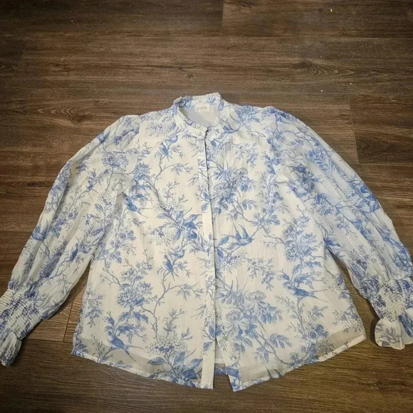 Fate Elegance In Bloom Blue Floral Bohochic Ruffle Neck Long Sleeve Blouse SZ M - Picture 11 of 13